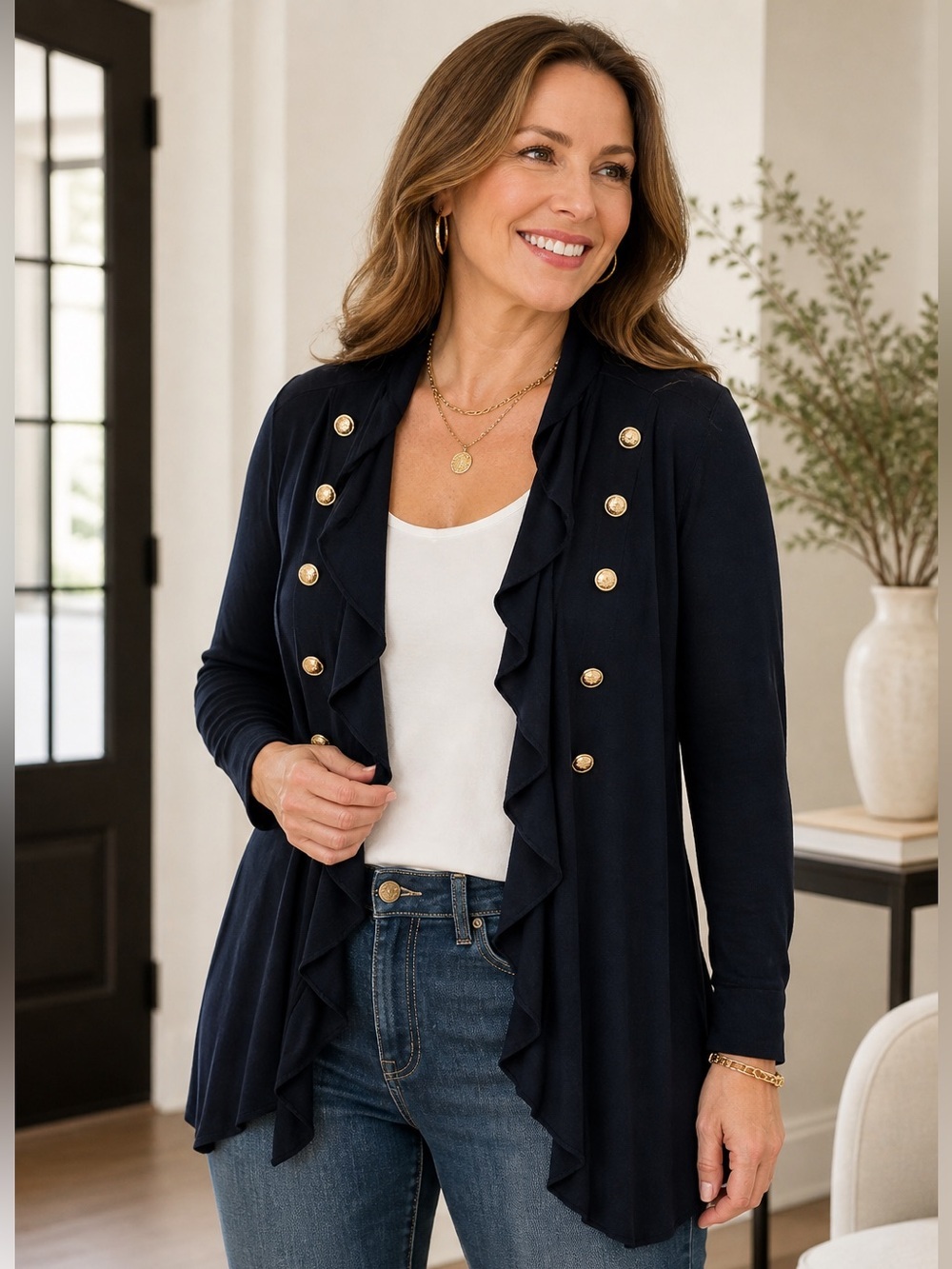 Travelers by Chico’s Navy Ruffle Open Front Cardigan Gold Button Detail Size Sm